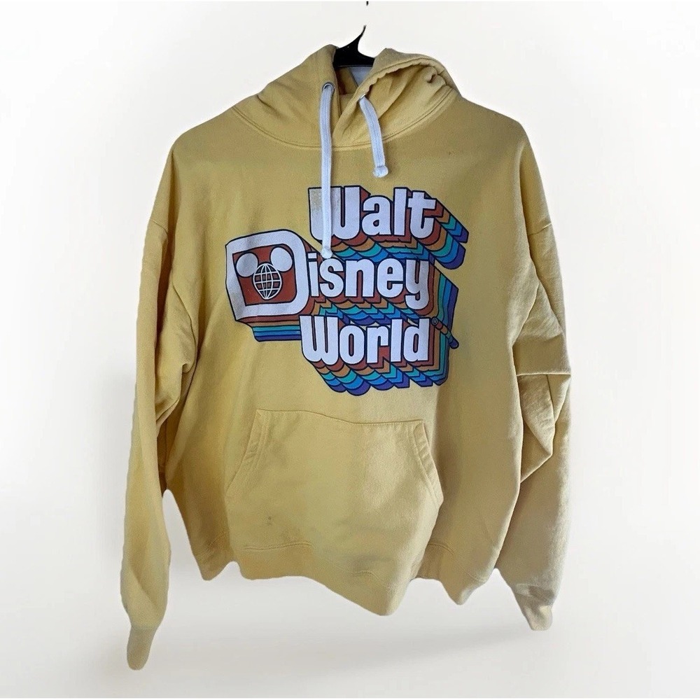 Vintage Walt Disney World Retro 70s Logo Yellow Hoodie‎ Sweatshirt Mens L